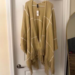 NEW Beige Fringed Poncho with White Stripes